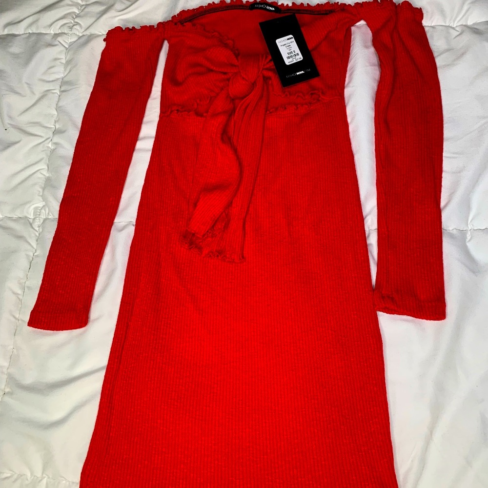 Mini Off Shoulder Red Ribbed Dress